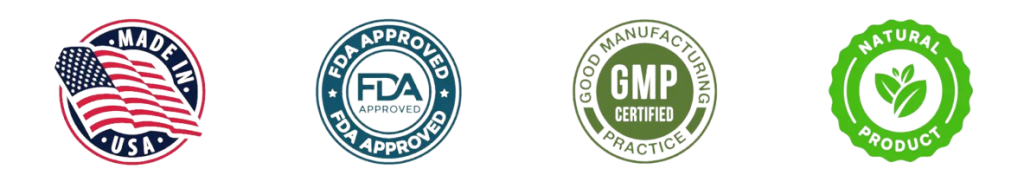 made in usa, fda approved, gmp certified, natural product icons